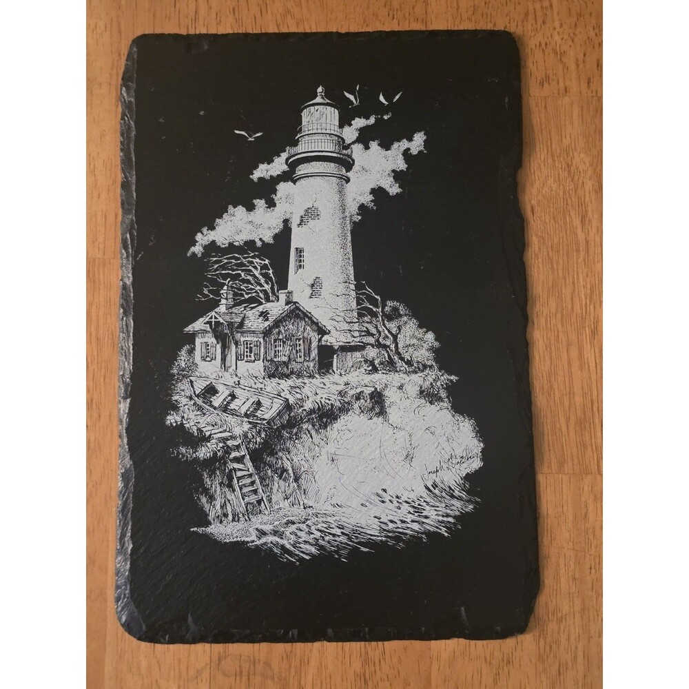 Vintage Hand-Etched Slate Art - Lighthouse & Cottage - Signed Joseph L. Gaetner